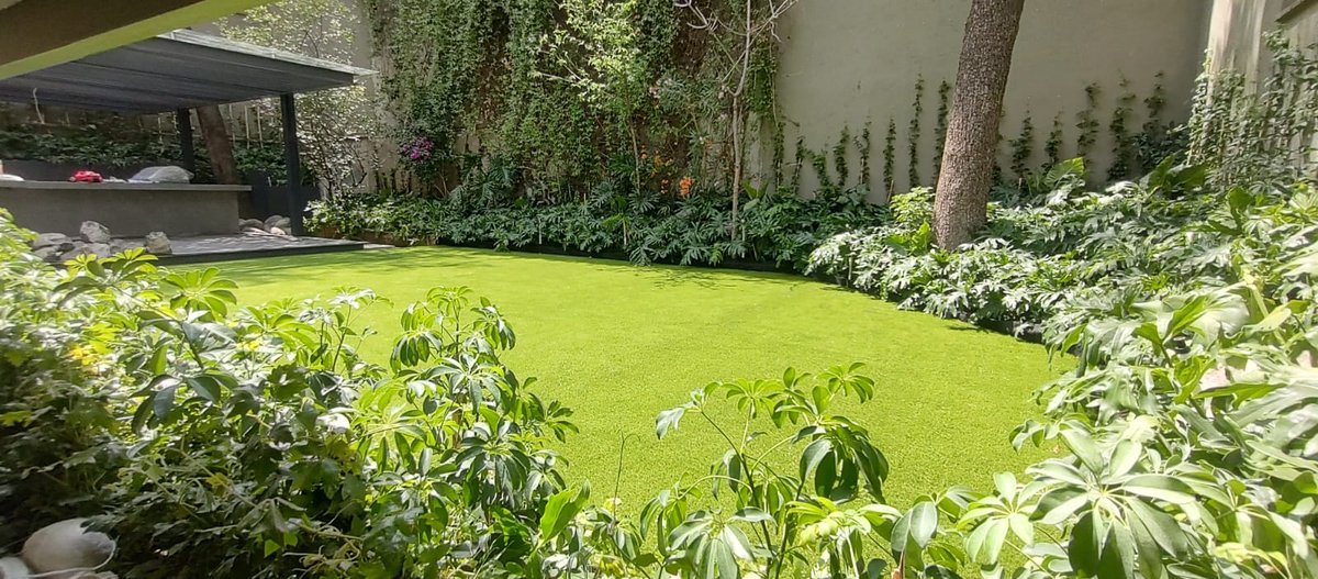 Jardín residencial con pasto sintético EasyGarden rodeado de vegetación tropical — Ciudad de México