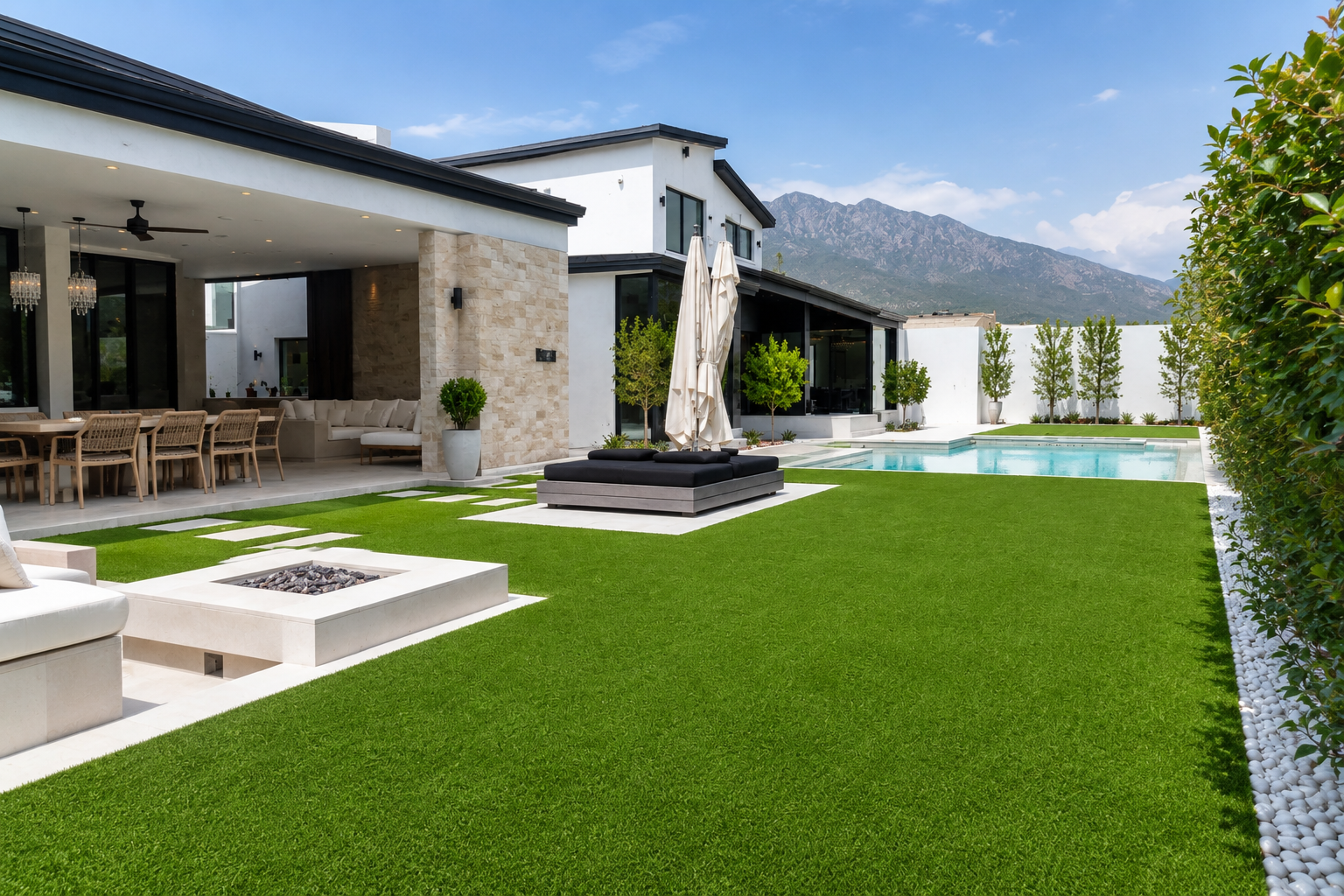 Residencial moderno con pasto sintético EasyGarden — alberca y montaña
