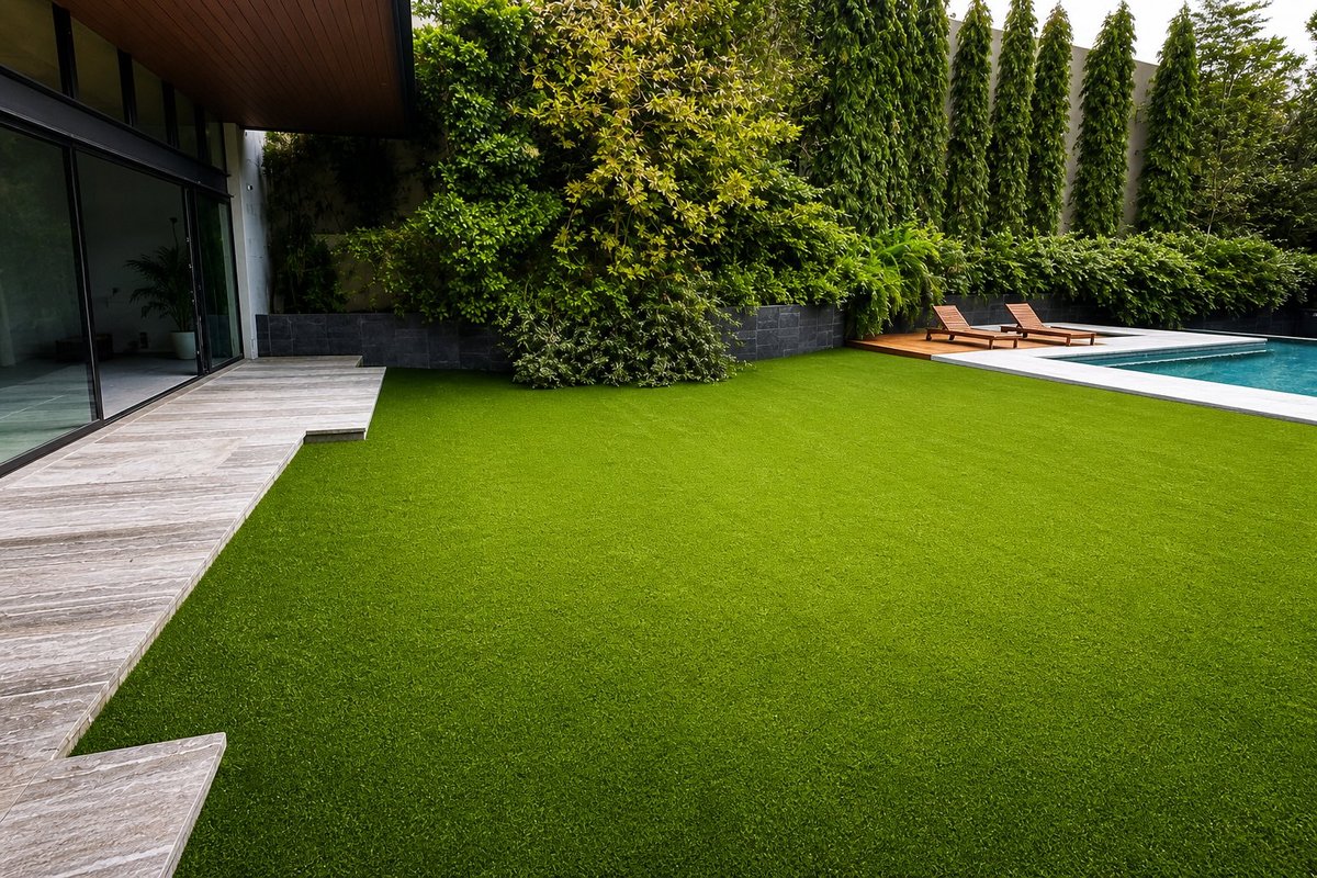 Jardín residencial premium con pasto sintético EasyGarden — alberca, camastros y vegetación natural